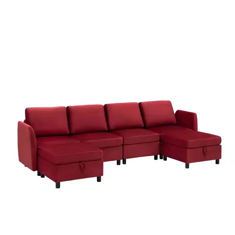 Whizmax 9-Seaters Reversible Velvet Modular Sectional Sleeper Sofa with Ottomans, Storage and Chaise - Wine Red