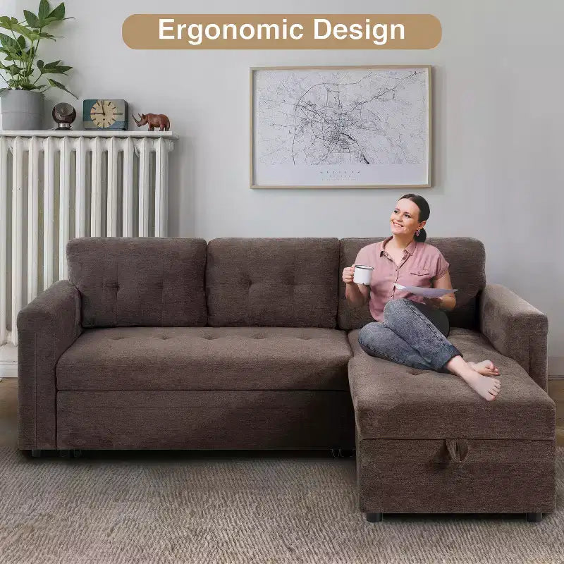 Home Imports Emporium Reversible Sleeper Sectional Sofa  Convertible Couch with Storage Chaise & Built-In USB Ports for Modern Living Rooms