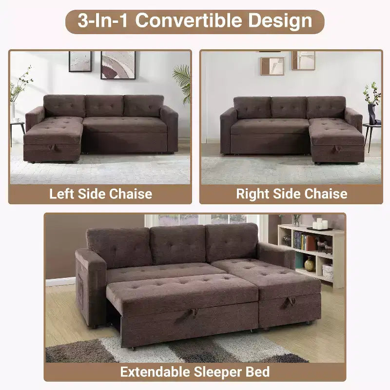 Home Imports Emporium Reversible Sleeper Sectional Sofa  Convertible Couch with Storage Chaise & Built-In USB Ports for Modern Living Rooms