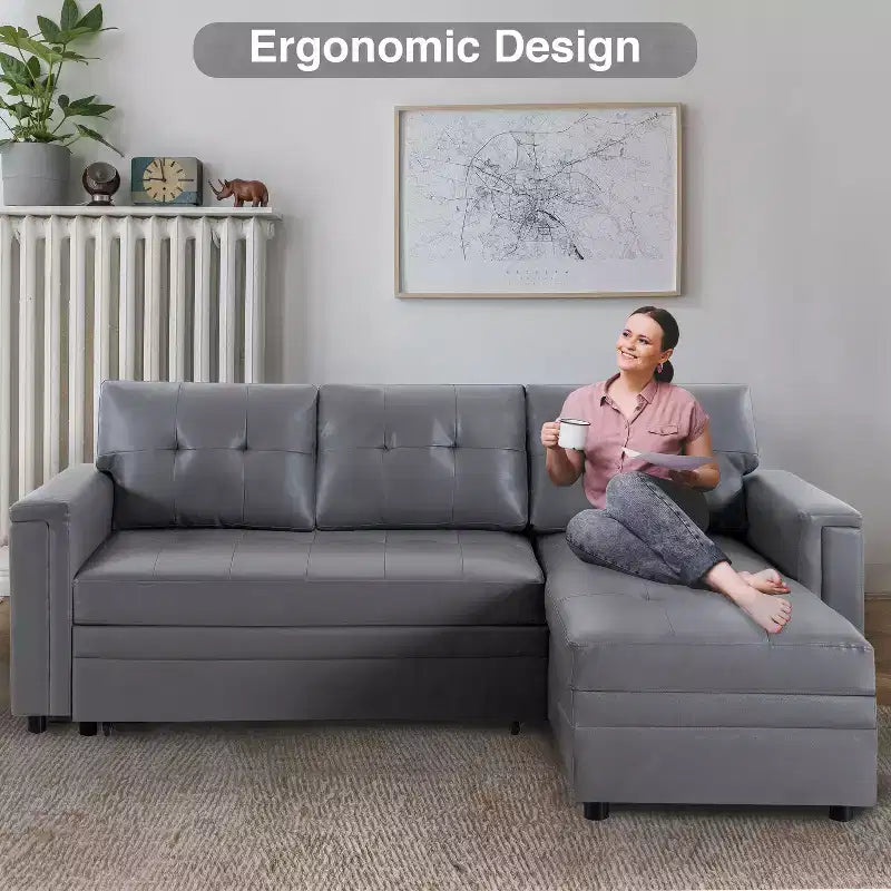 Home Imports Emporium Reversible Sleeper Sectional Sofa  Convertible Couch with Storage Chaise & Built-In USB Ports for Modern Living Rooms