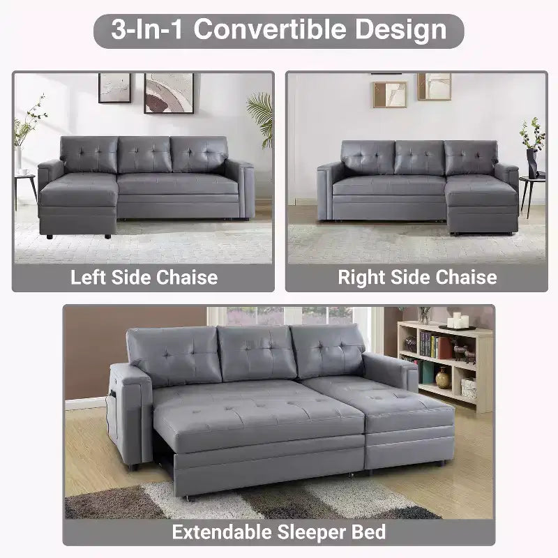 Home Imports Emporium Reversible Sleeper Sectional Sofa  Convertible Couch with Storage Chaise & Built-In USB Ports for Modern Living Rooms
