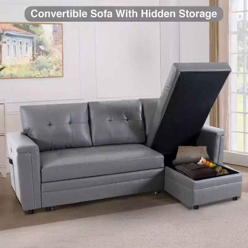 Home Imports Emporium Reversible Sleeper Sectional Sofa  Convertible Couch with Storage Chaise & Built-In USB Ports for Modern Living Rooms