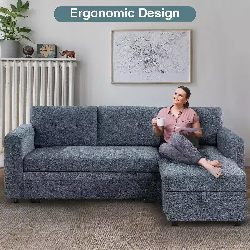 Home Imports Emporium Reversible Sleeper Sectional Sofa  Convertible Couch with Storage Chaise & Built-In USB Ports for Modern Living Rooms