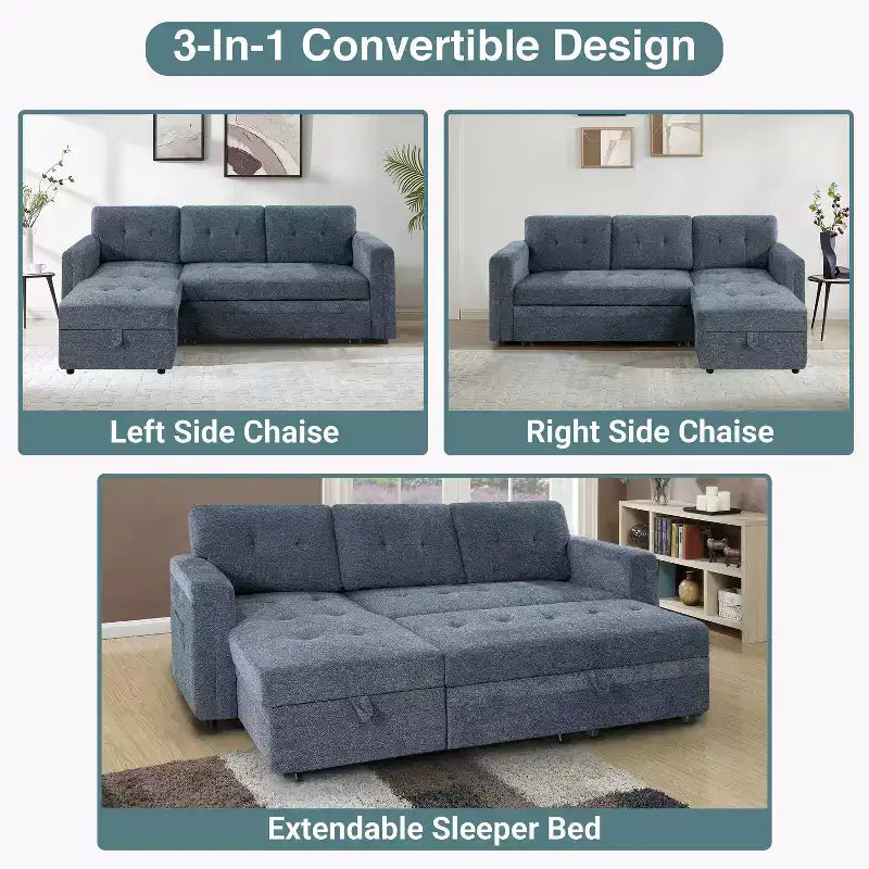 Home Imports Emporium Reversible Sleeper Sectional Sofa  Convertible Couch with Storage Chaise & Built-In USB Ports for Modern Living Rooms