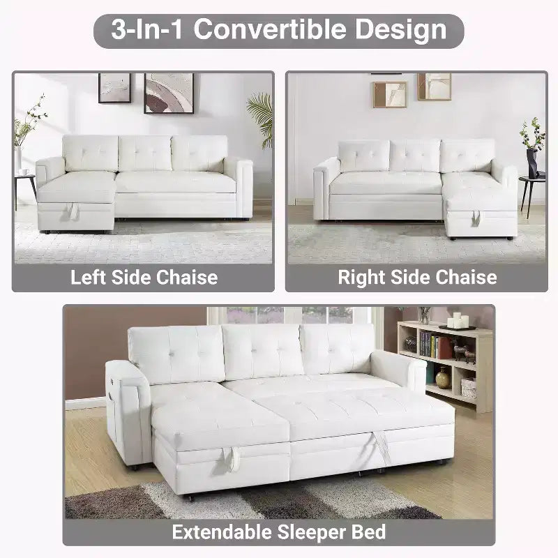 Home Imports Emporium Reversible Sleeper Sectional Sofa  Convertible Couch with Storage Chaise & Built-In USB Ports for Modern Living Rooms