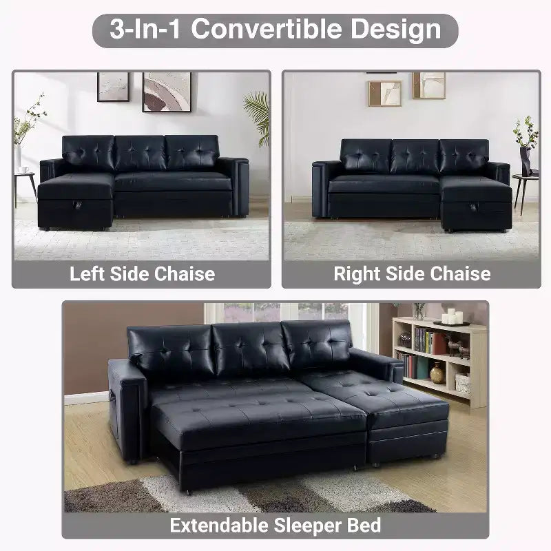 Home Imports Emporium Reversible Sleeper Sectional Sofa  Convertible Couch with Storage Chaise & Built-In USB Ports for Modern Living Rooms
