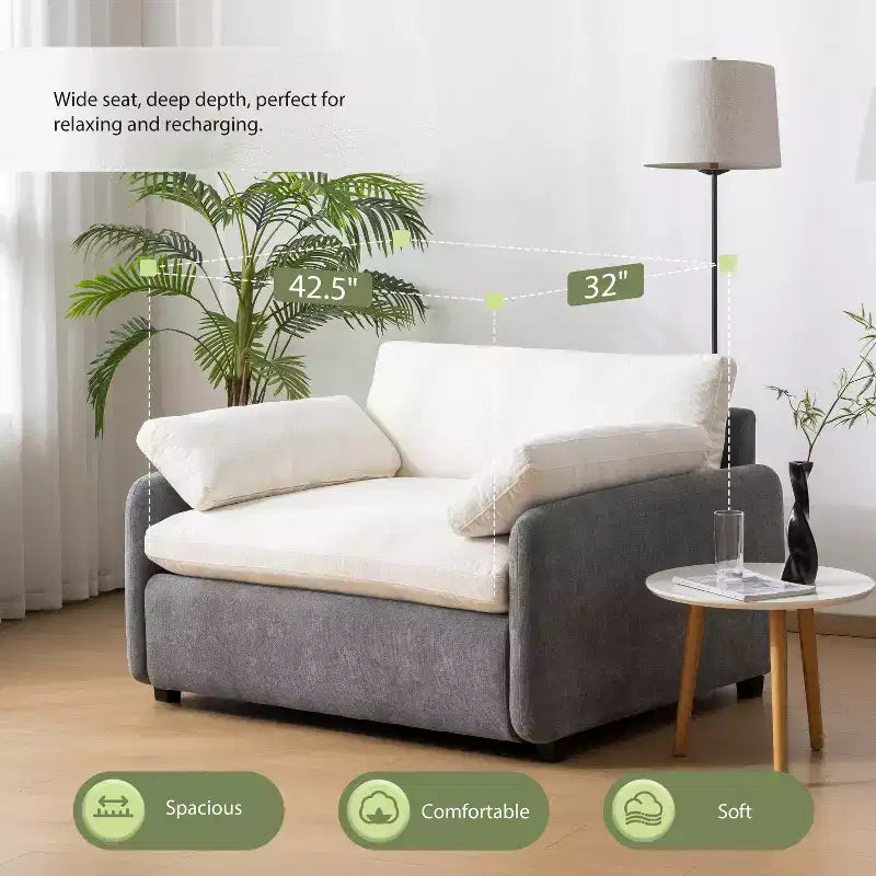 Whisen Modern Oversized Chenille Colorblock Single Sofa Chair, Wide and Deep Couch Lounge with Pillows