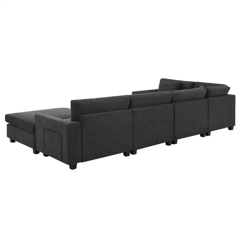 Whisen Modern Chenille U-shaped Sectional Sofa with Oversized Ottoman, Hidden Armrest Storage and Cup Holders, USB Charging Ports