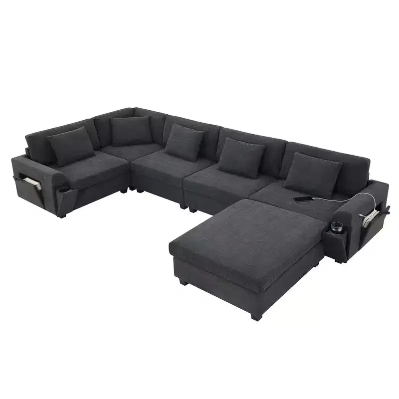 Whisen Modern Chenille U-shaped Sectional Sofa with Oversized Ottoman, Hidden Armrest Storage and Cup Holders, USB Charging Ports