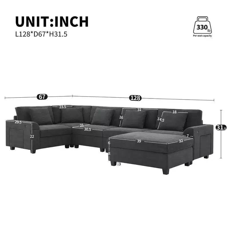 Whisen Modern Chenille U-shaped Sectional Sofa with Oversized Ottoman, Hidden Armrest Storage and Cup Holders, USB Charging Ports