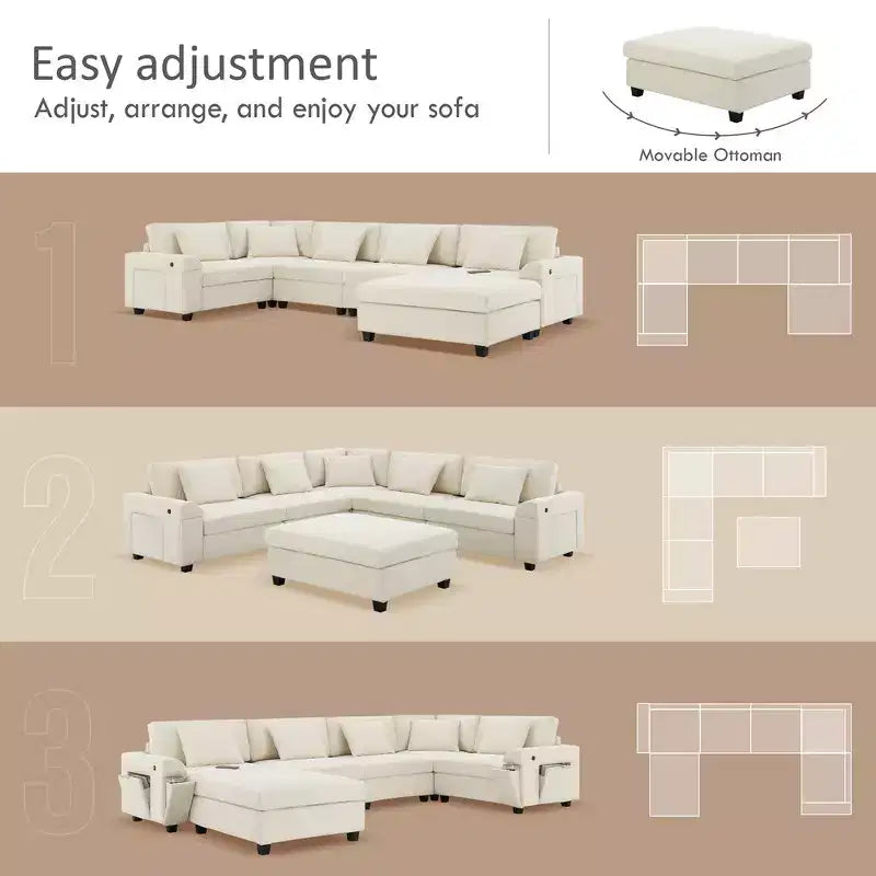 Whisen Modern Chenille U-shaped Sectional Sofa with Oversized Ottoman, Hidden Armrest Storage and Cup Holders, USB Charging Ports