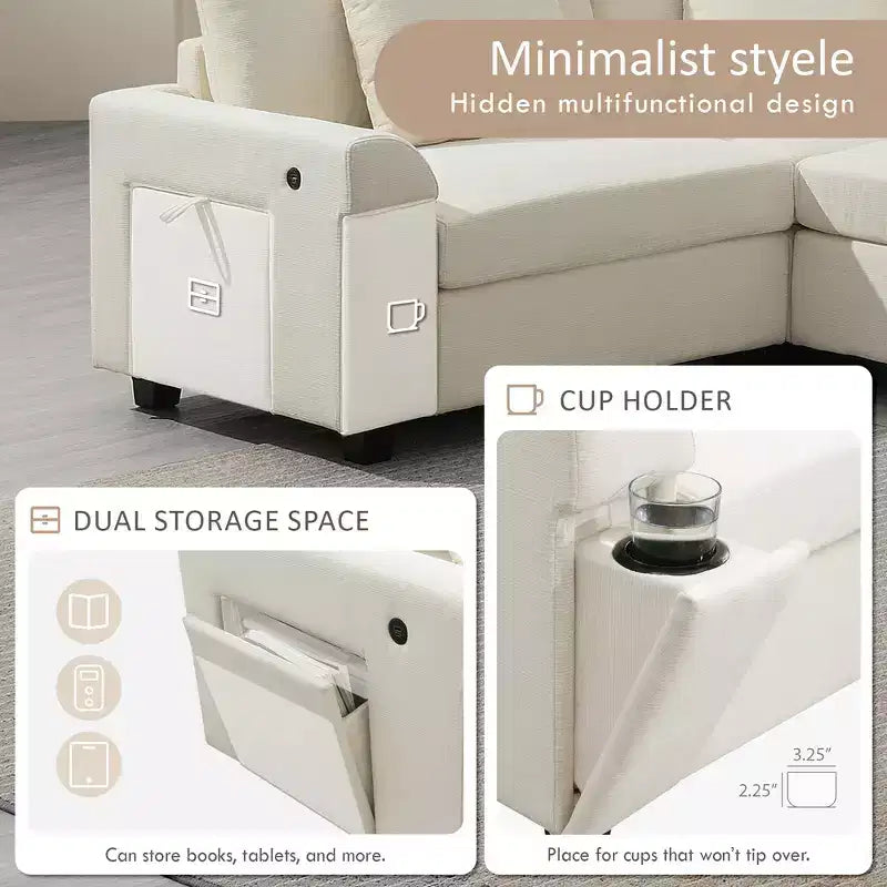 Whisen Modern Chenille U-shaped Sectional Sofa with Oversized Ottoman, Hidden Armrest Storage and Cup Holders, USB Charging Ports