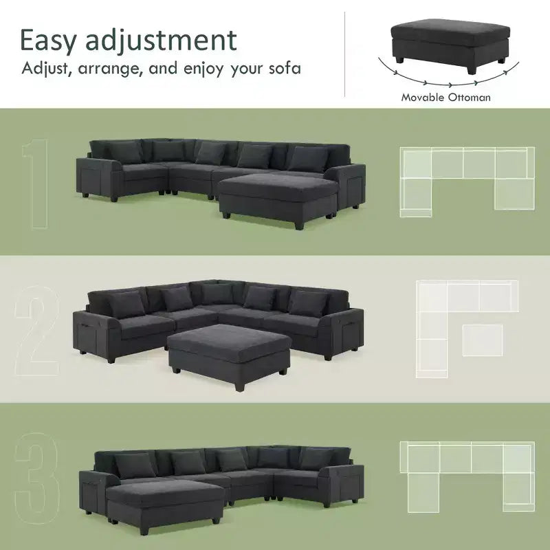 Whisen Modern Chenille U-shaped Sectional Sofa with Oversized Ottoman, Hidden Armrest Storage and Cup Holders, USB Charging Ports