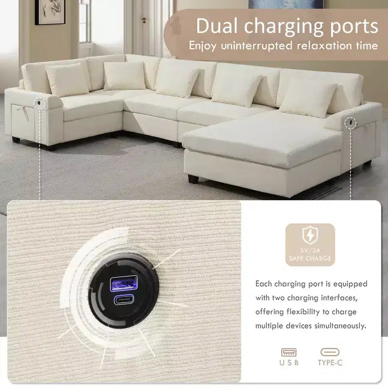 Whisen Modern Chenille U-shaped Sectional Sofa with Oversized Ottoman, Hidden Armrest Storage and Cup Holders, USB Charging Ports