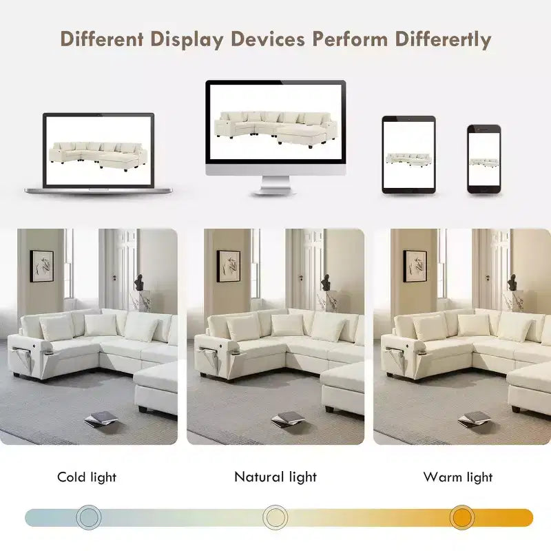 Whisen Modern Chenille U-shaped Sectional Sofa with Oversized Ottoman, Hidden Armrest Storage and Cup Holders, USB Charging Ports