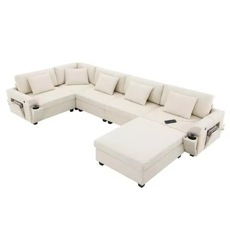 Whisen Modern Chenille U-shaped Sectional Sofa with Oversized Ottoman, Hidden Armrest Storage and Cup Holders, USB Charging Ports