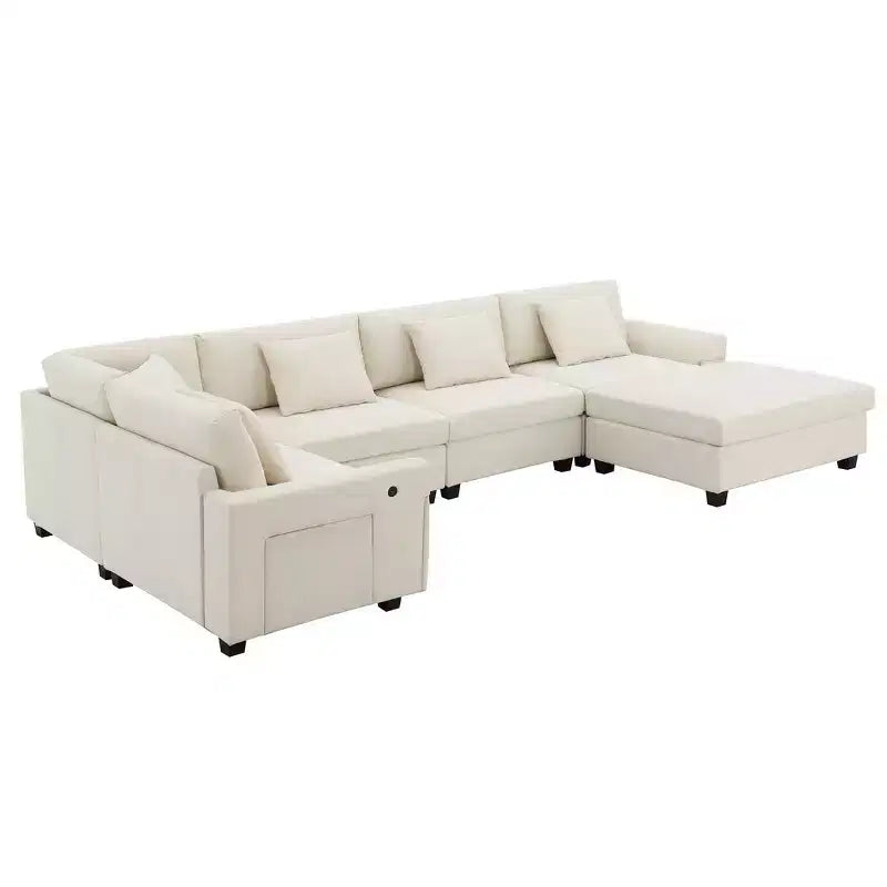 Whisen Modern Chenille U-shaped Sectional Sofa with Oversized Ottoman, Hidden Armrest Storage and Cup Holders, USB Charging Ports