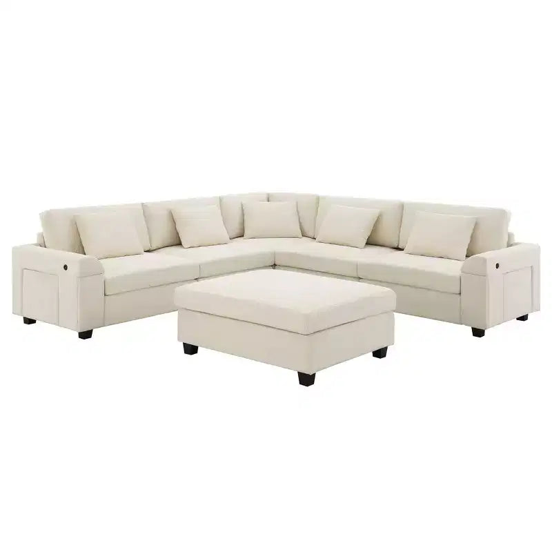 Whisen Modern Chenille U-shaped Sectional Sofa with Oversized Ottoman, Hidden Armrest Storage and Cup Holders, USB Charging Ports