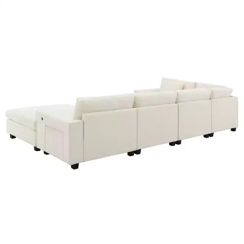 Whisen Modern Chenille U-shaped Sectional Sofa with Oversized Ottoman, Hidden Armrest Storage and Cup Holders, USB Charging Ports