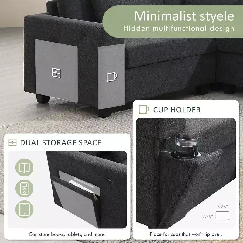 Whisen Modern Chenille U-shaped Sectional Sofa with Oversized Ottoman, Hidden Armrest Storage and Cup Holders, USB Charging Ports