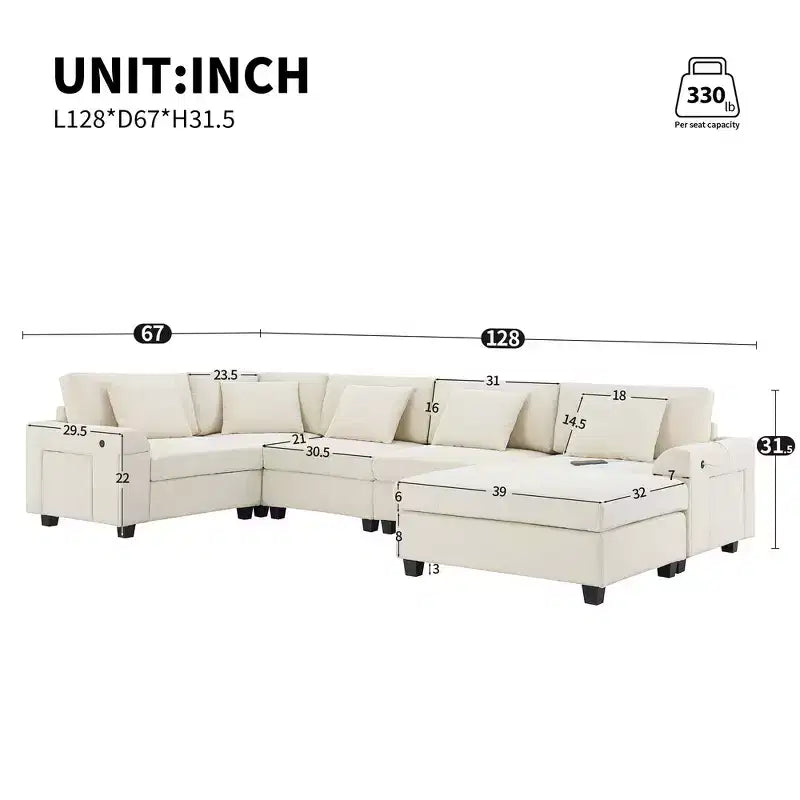 Whisen Modern Chenille U-shaped Sectional Sofa with Oversized Ottoman, Hidden Armrest Storage and Cup Holders, USB Charging Ports