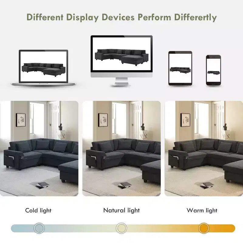 Whisen Modern Chenille U-shaped Sectional Sofa with Oversized Ottoman, Hidden Armrest Storage and Cup Holders, USB Charging Ports
