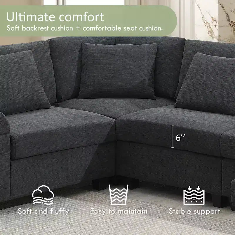 Whisen Modern Chenille U-shaped Sectional Sofa with Oversized Ottoman, Hidden Armrest Storage and Cup Holders, USB Charging Ports