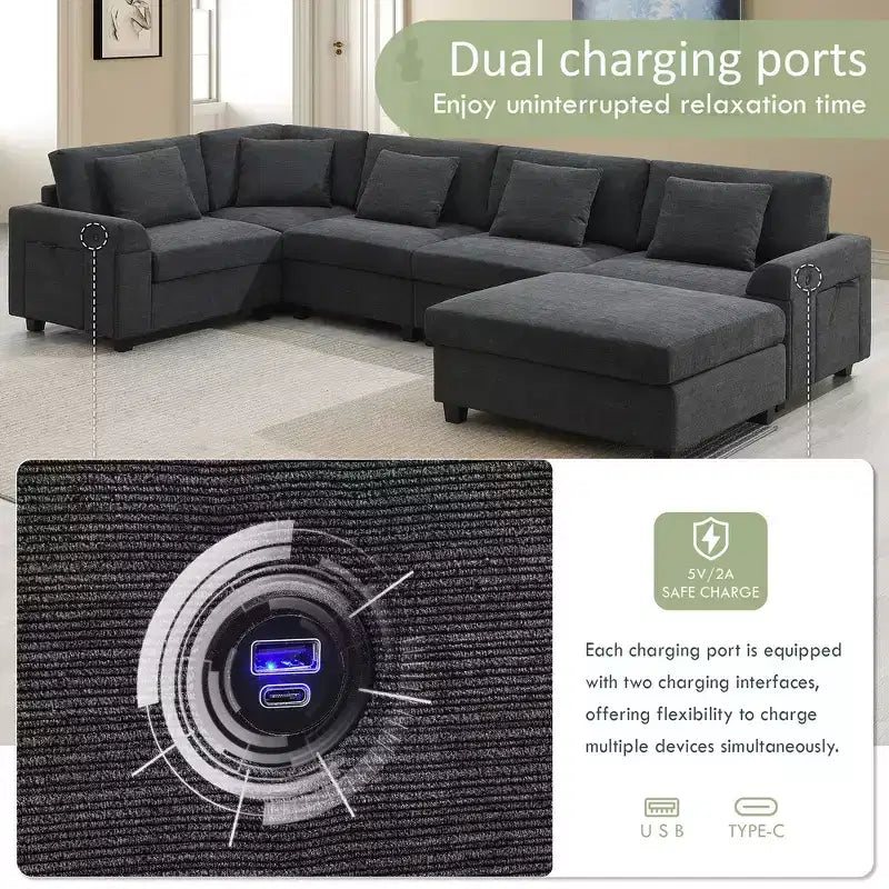 Whisen Modern Chenille U-shaped Sectional Sofa with Oversized Ottoman, Hidden Armrest Storage and Cup Holders, USB Charging Ports