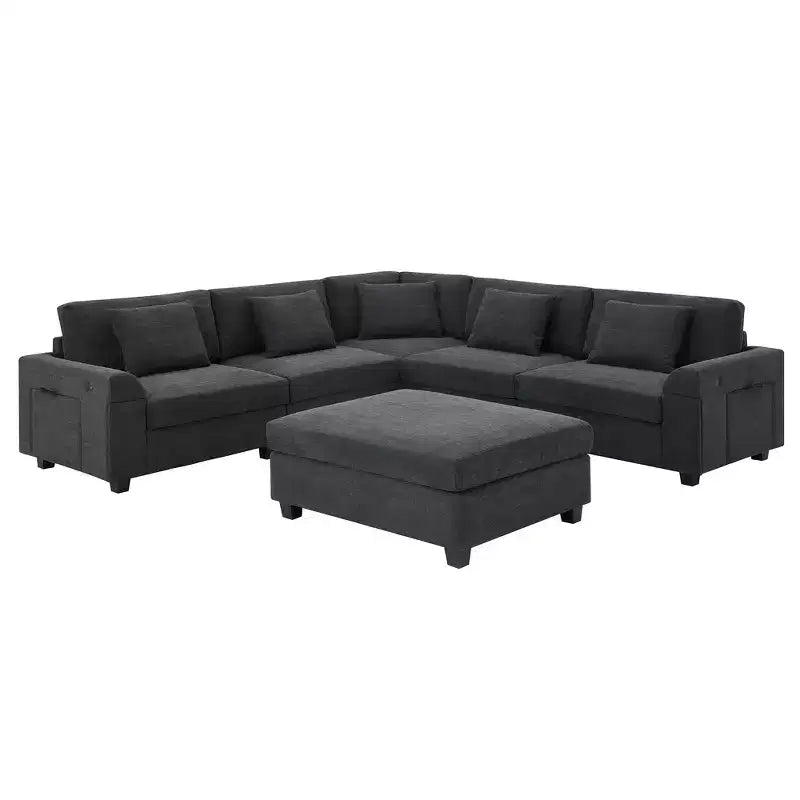 Whisen Modern Chenille U-shaped Sectional Sofa with Oversized Ottoman, Hidden Armrest Storage and Cup Holders, USB Charging Ports
