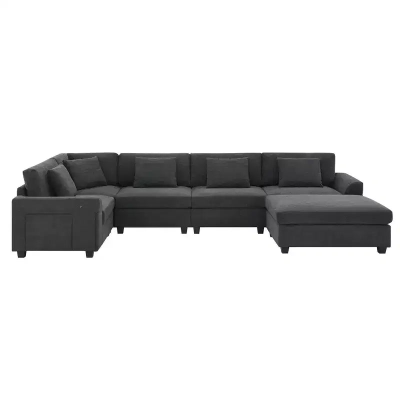 Whisen Modern Chenille U-shaped Sectional Sofa with Oversized Ottoman, Hidden Armrest Storage and Cup Holders, USB Charging Ports