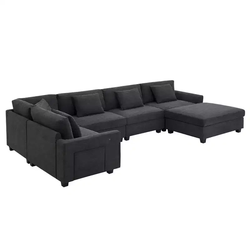Whisen Modern Chenille U-shaped Sectional Sofa with Oversized Ottoman, Hidden Armrest Storage and Cup Holders, USB Charging Ports