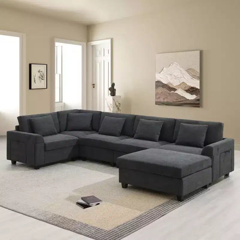 Whisen Modern Chenille U-shaped Sectional Sofa with Oversized Ottoman, Hidden Armrest Storage and Cup Holders, USB Charging Ports