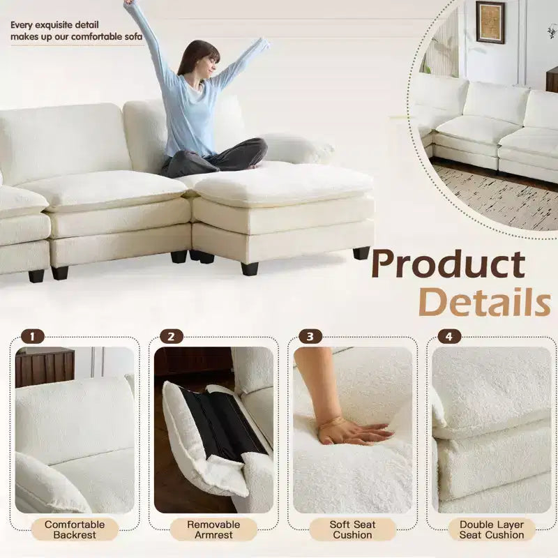 EROMMY 120.8'' Upholstered Sofa,Oversized Sectional Couch with Movable Ottoman, Convertible L-Shaped Couch for Living Room and Office, Beige