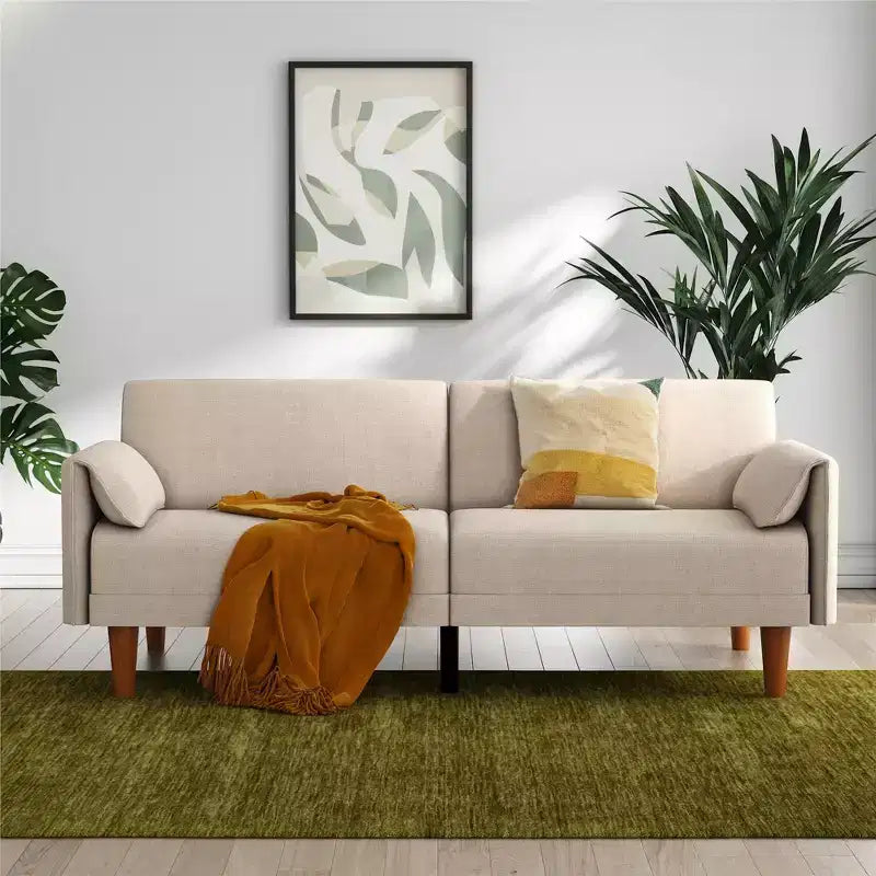 Novogratz Markham 3-Seater Futon Bed with 2 Attached Cushions, Sand Basket Weave