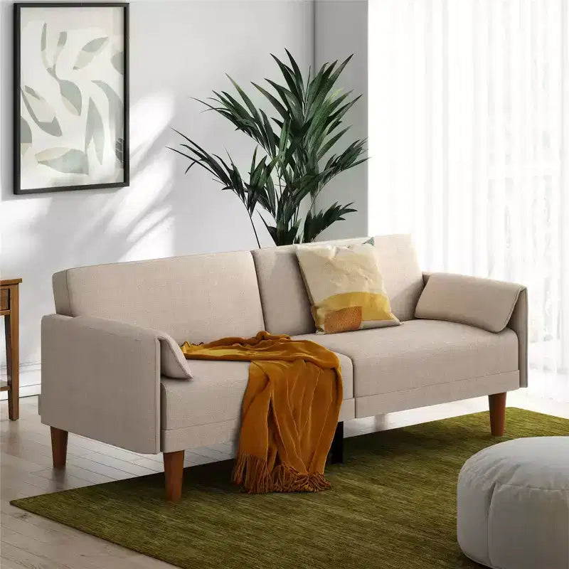 Novogratz Markham 3-Seater Futon Bed with 2 Attached Cushions, Sand Basket Weave