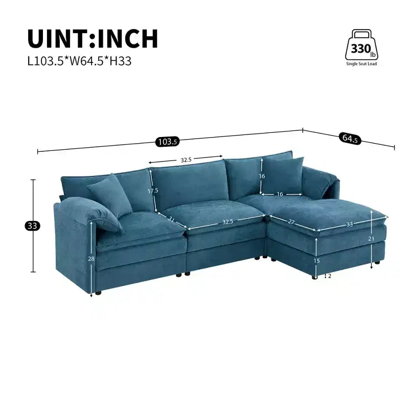 Whisen Modern Design Oversized Chenille Modular Sectional Sofa 4 Seat Sofa with Double Cushions and Movable Ottomans