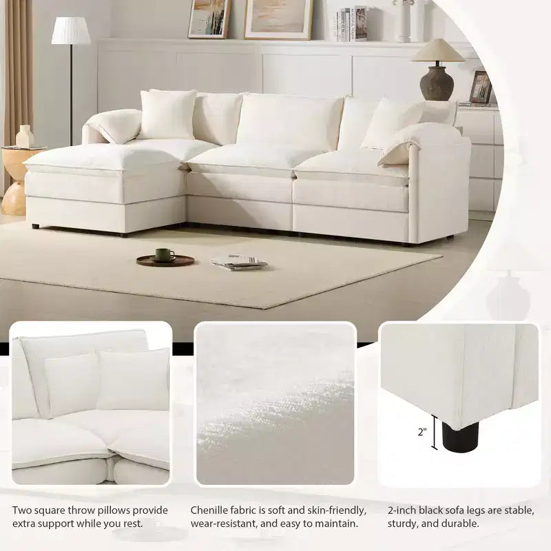 Whisen Modern Design Oversized Chenille Modular Sectional Sofa 4 Seat Sofa with Double Cushions and Movable Ottomans