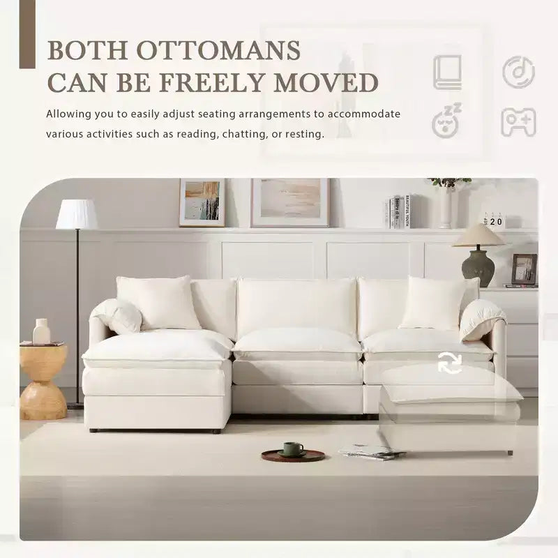 Whisen Modern Design Oversized Chenille Modular Sectional Sofa 4 Seat Sofa with Double Cushions and Movable Ottomans