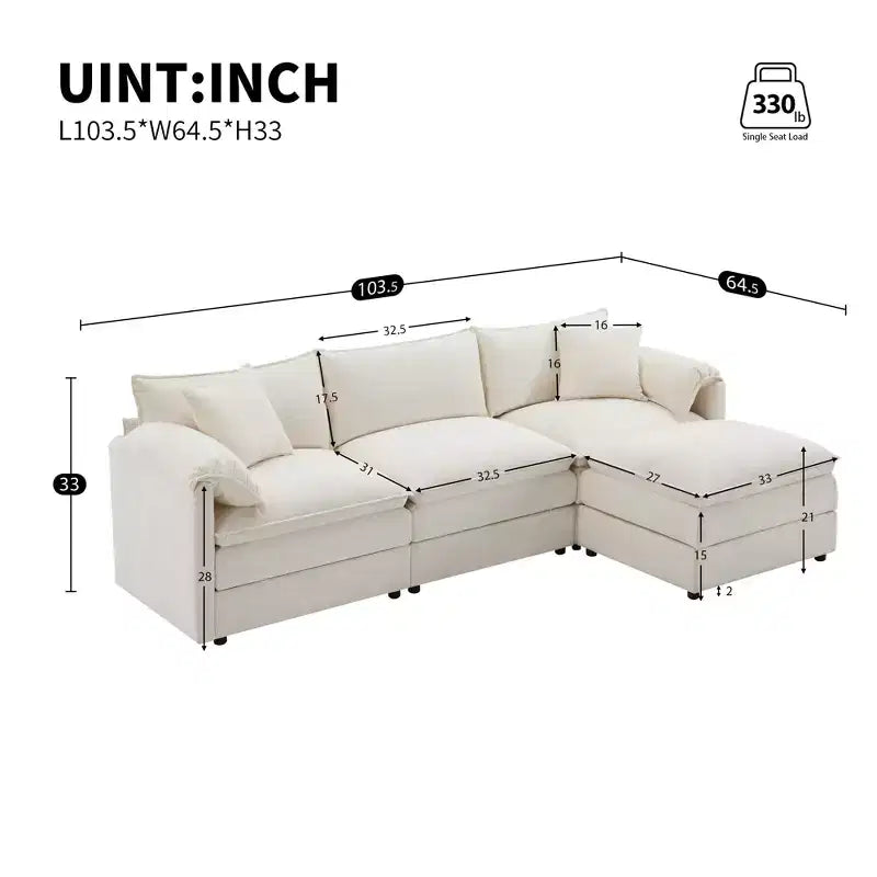 Whisen Modern Design Oversized Chenille Modular Sectional Sofa 4 Seat Sofa with Double Cushions and Movable Ottomans