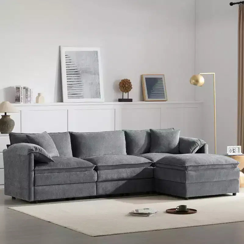 Whisen Modern Design Oversized Chenille Modular Sectional Sofa 4 Seat Sofa with Double Cushions and Movable Ottomans