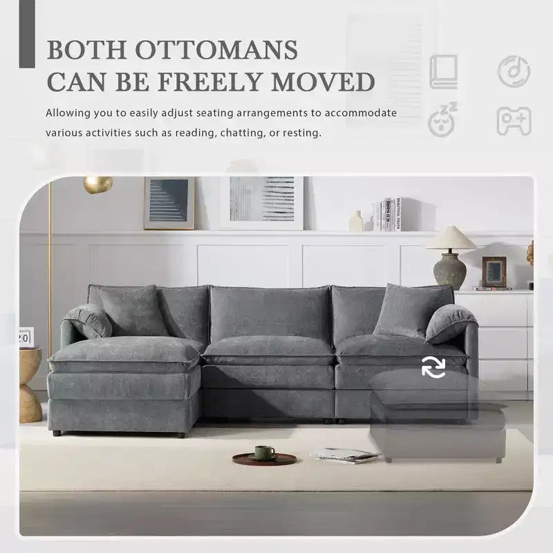 Whisen Modern Design Oversized Chenille Modular Sectional Sofa 4 Seat Sofa with Double Cushions and Movable Ottomans