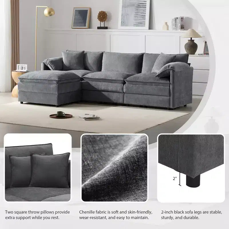 Whisen Modern Design Oversized Chenille Modular Sectional Sofa 4 Seat Sofa with Double Cushions and Movable Ottomans