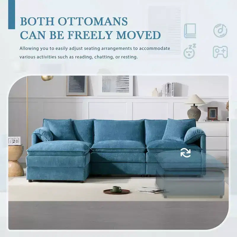 Whisen Modern Design Oversized Chenille Modular Sectional Sofa 4 Seat Sofa with Double Cushions and Movable Ottomans