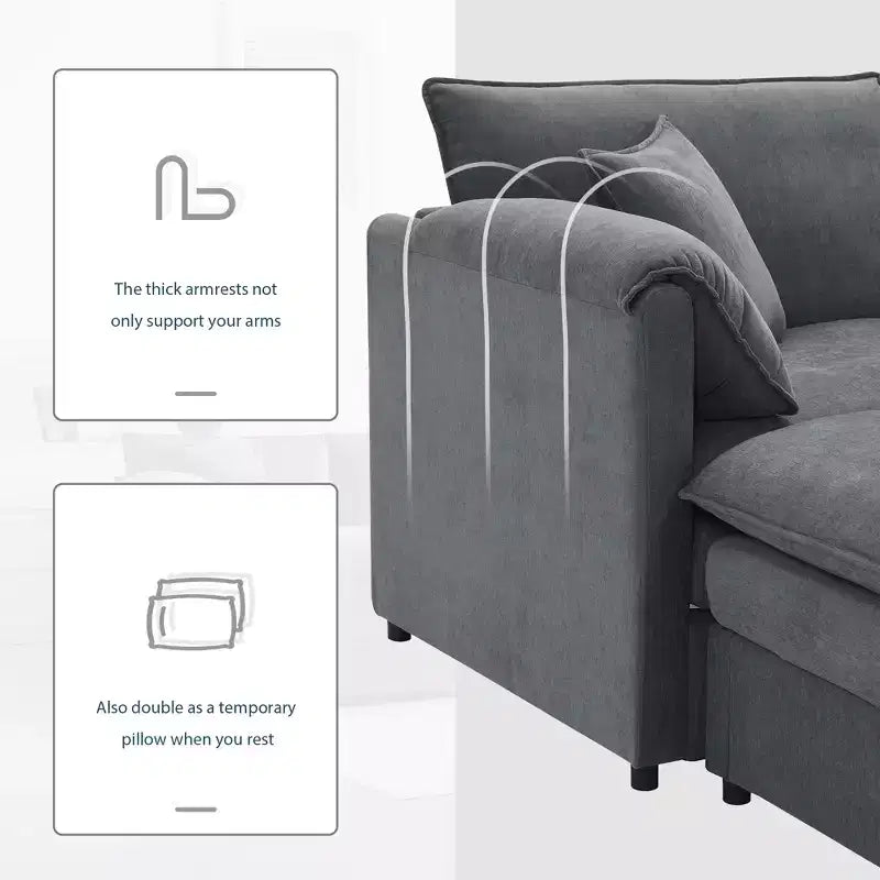 Whisen Modern Design Oversized Chenille Modular Sectional Sofa 4 Seat Sofa with Double Cushions and Movable Ottomans