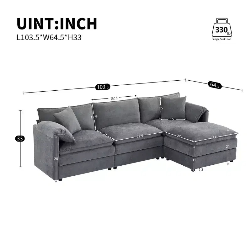 Whisen Modern Design Oversized Chenille Modular Sectional Sofa 4 Seat Sofa with Double Cushions and Movable Ottomans