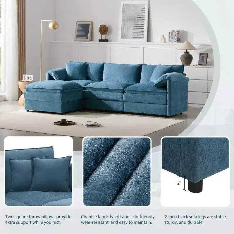 Whisen Modern Design Oversized Chenille Modular Sectional Sofa 4 Seat Sofa with Double Cushions and Movable Ottomans