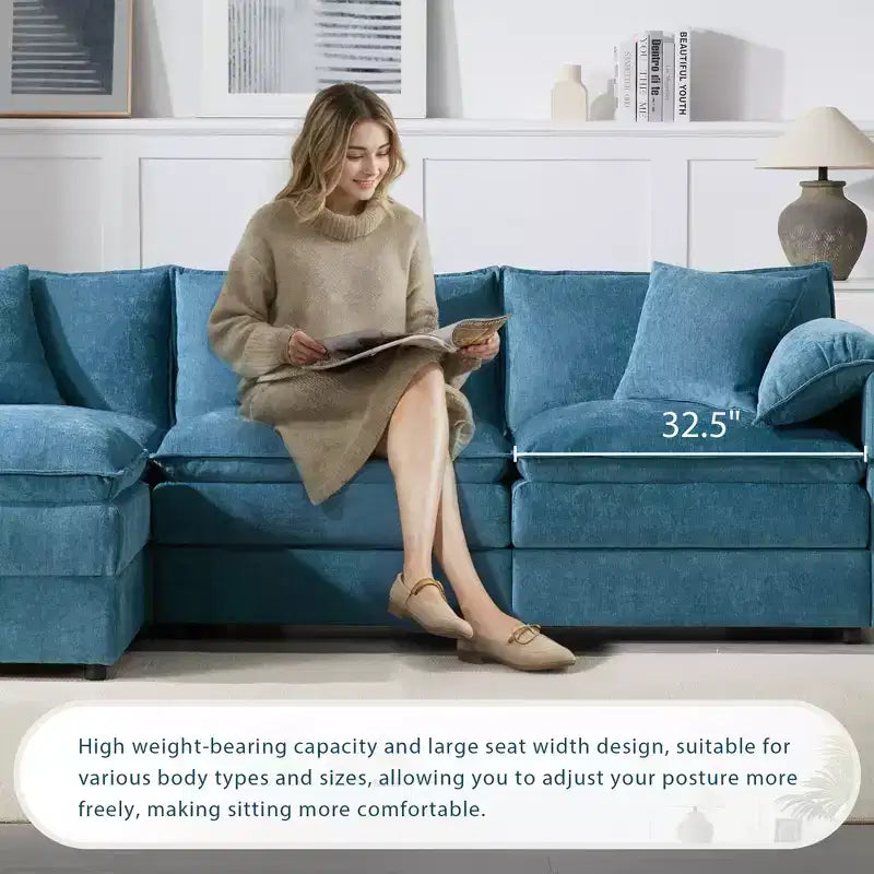 Whisen Modern Design Oversized Chenille Modular Sectional Sofa 4 Seat Sofa with Double Cushions and Movable Ottomans