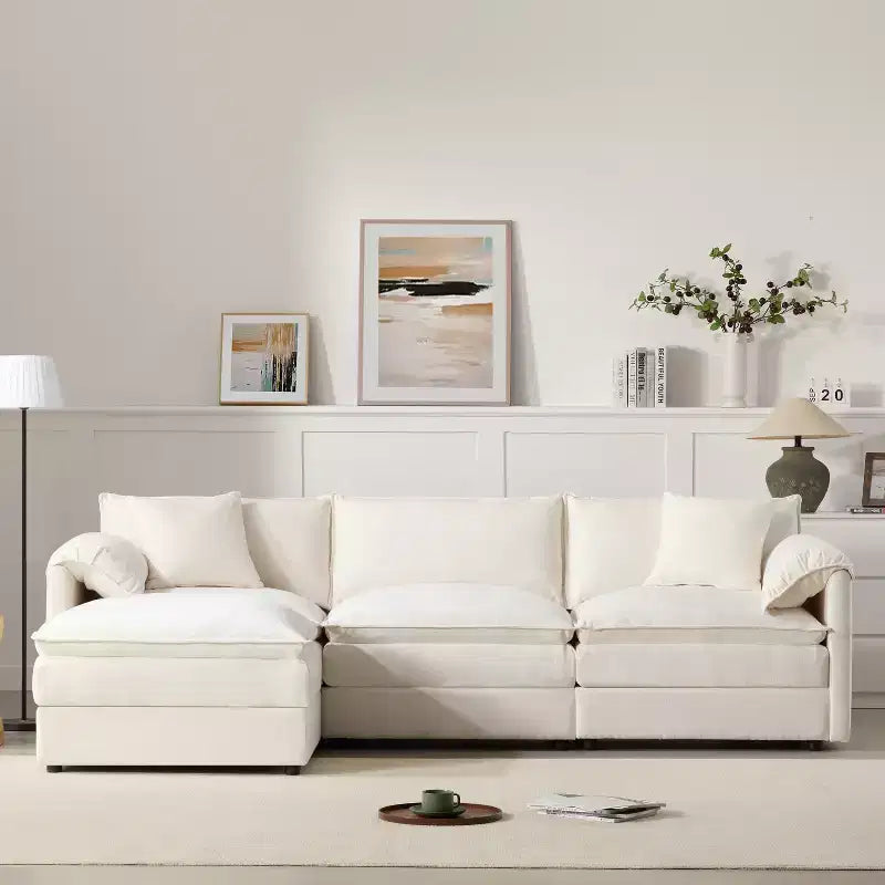 Whisen Modern Design Sofá Seccional Modular de Chenille Grande de 4 Asientos con Cojines Dobles y Otomanas Móviles