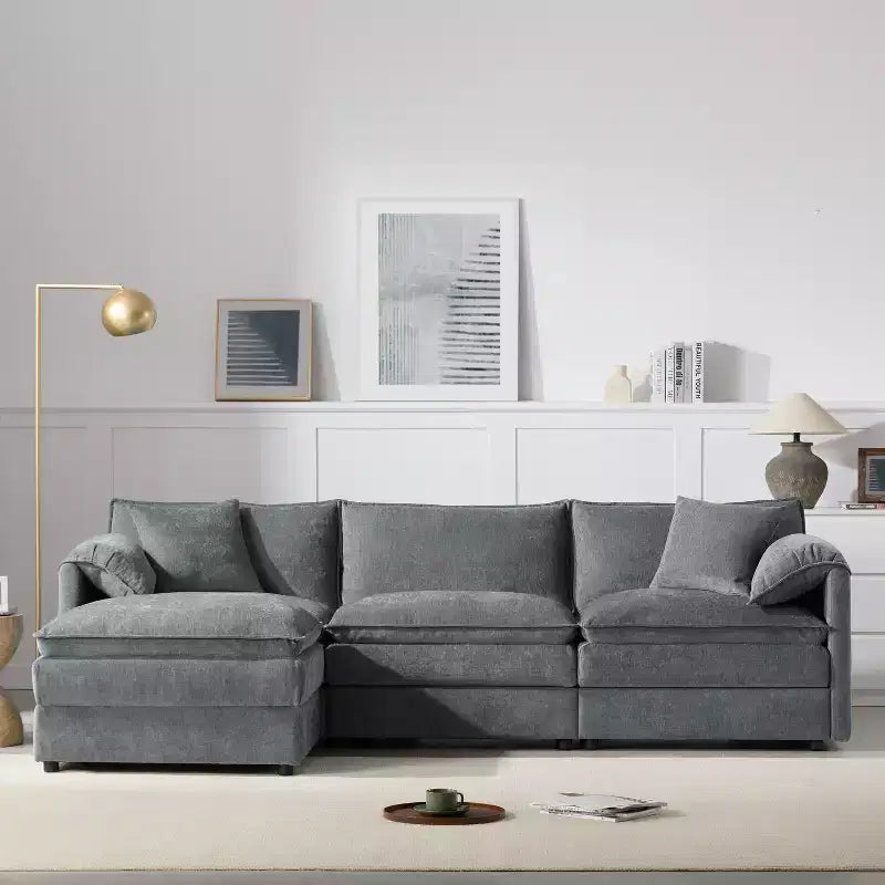 Whisen Modern Design Sofá Seccional Modular de Chenille Grande de 4 Asientos con Cojines Dobles y Otomanas Móviles