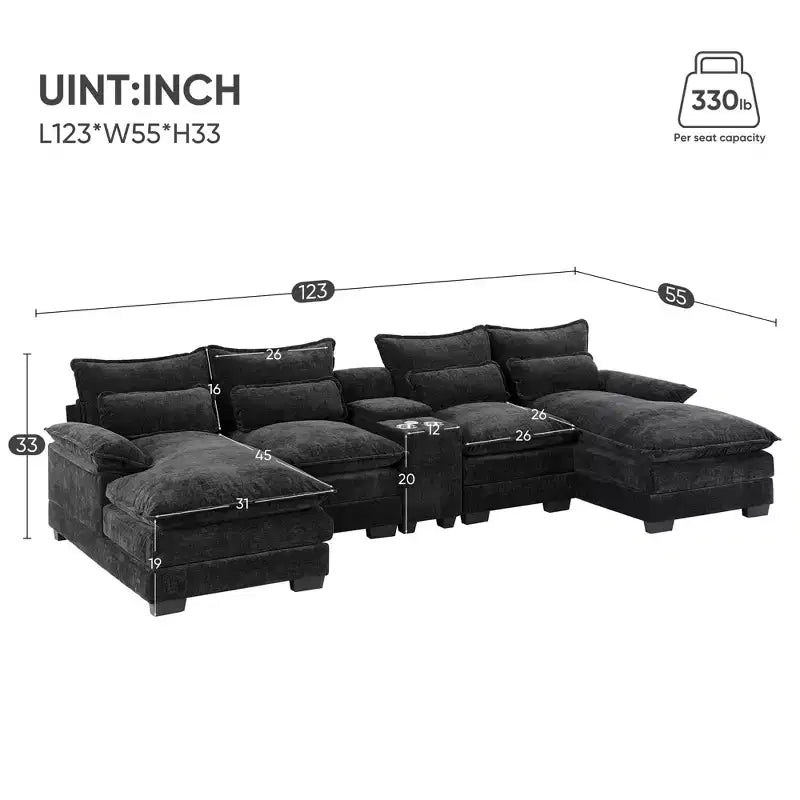 Whisen Modern Design Chenille U-shaped Sectional Sofa with Cup Holders and USB Charger
